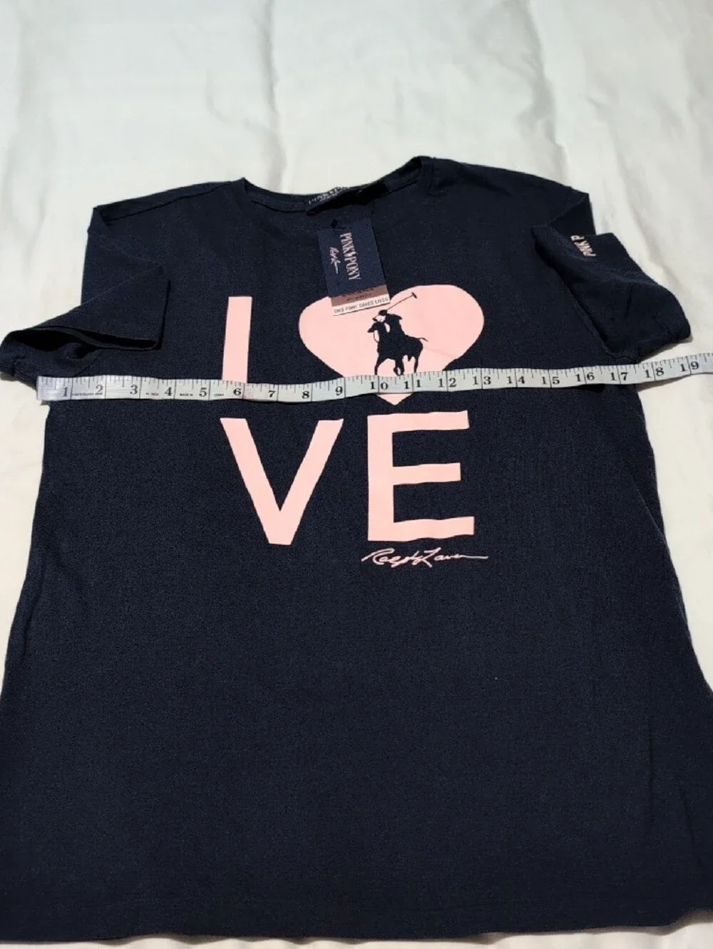 Ralph Lauren Navy Tee with Pink LOVE Heart Graphic